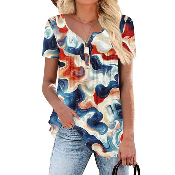 WTOBBY Women's Relaxed Fit Bohemian Print Short Sleeve Tunic Top, Breathable V-Neck Casual Shirt with Ruffled Hem for Beach Wear,Cyan M
