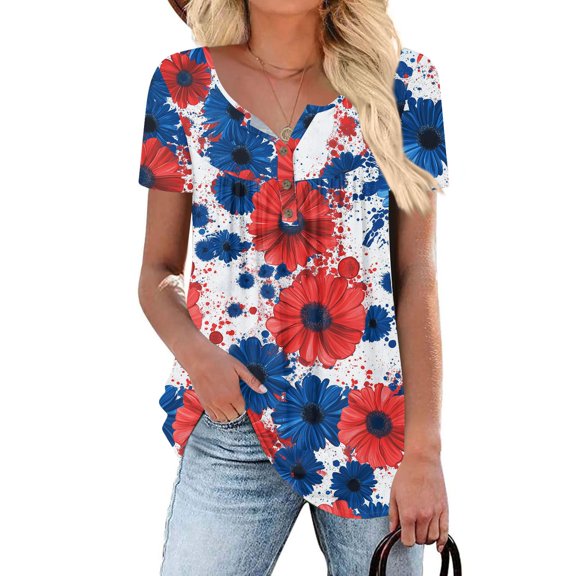 WTOBBY Women's Relaxed Fit Bohemian Print Short Sleeve Tunic Top, Breathable V-Neck Casual Shirt with Ruffled Hem for Beach Wear,Light Blue M