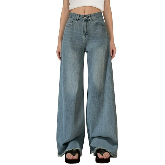 WTOBBY Women's Relaxed Fit Boyfriend Jeans, High Waist Wide Leg Stretch Denim Pants with Elastic Waistband and Functional Pockets, Comfortable Loose Trousers for Daily Use,Light Blue L