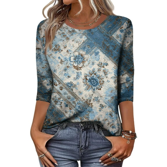 WTOBBY Women's Retro 3/4 Sleeve Round Collar Printed Blouse with Floral Elements, Ladies Casual Top for Retro Style, Comfortable Loose Fit T-Shirt for Everyday Wear,Light Blue M