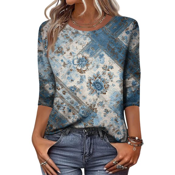WTOBBY Women's Retro 3/4 Sleeve Round Collar Printed Blouse with Floral Elements, Ladies Casual Top for Retro Style, Comfortable Loose Fit T-Shirt for Everyday Wear,Light Blue S