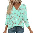 thumbnail image 1 of WTOBBY Women's Retro Botanical Print Top V-Neck 3/4 Sleeve Tunic Relaxed Fit Blouse with Lightweight Chiffon Fabric Comfort,Cyan S, 1 of 4