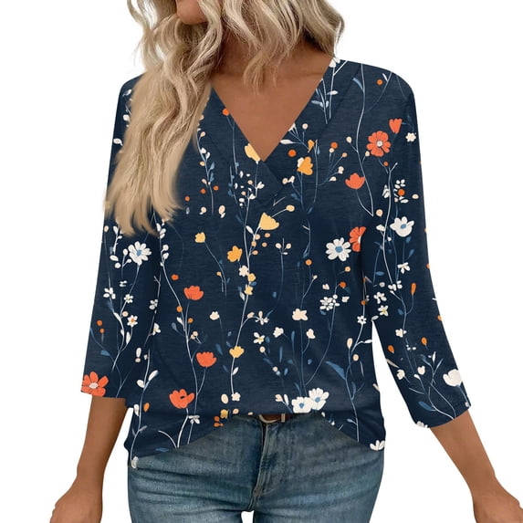 WTOBBY Women's Retro Botanical Print Top V-Neck 3/4 Sleeve Tunic Relaxed Fit Blouse with Lightweight Chiffon Fabric Comfort,Dark Blue M