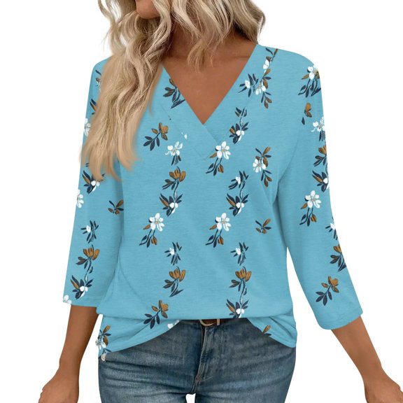 WTOBBY Women's Retro Botanical Print Top V-Neck 3/4 Sleeve Tunic Relaxed Fit Blouse with Lightweight Chiffon Fabric Comfort,Light Blue L