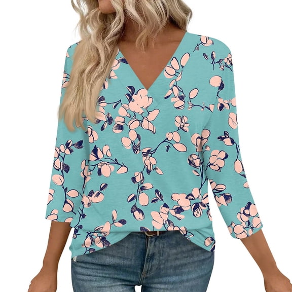 WTOBBY Women's Retro Botanical Print Top V-Neck 3/4 Sleeve Tunic Relaxed Fit Blouse with Lightweight Chiffon Fabric Comfort,Multicolor S