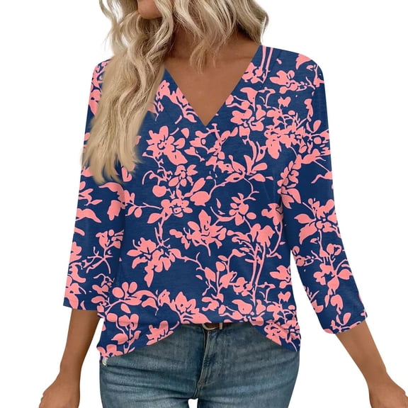 WTOBBY Women's Retro Botanical Print Top V-Neck 3/4 Sleeve Tunic Relaxed Fit Blouse with Lightweight Chiffon Fabric Comfort,Pink XL