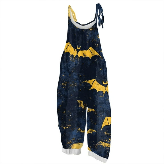 WTOBBY Women's Retro Casual Jumpsuit featuring Halloween Print, Loose Fit with Suspenders in Cotton and Linen, Perfect for Comfortable Outfits Year-Round,NavyL