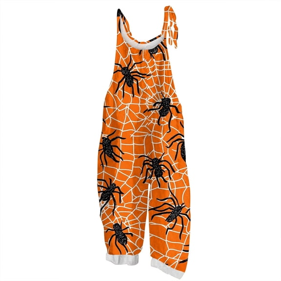 WTOBBY Women's Retro Casual Jumpsuit featuring Halloween Print, Loose Fit with Suspenders in Cotton and Linen, Perfect for Comfortable Outfits Year-Round,OrangeS