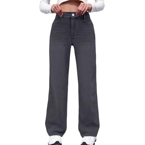 WTOBBY Women's Retro Draped Straight Leg Jeans, Fashionable and Versatile Casual Denim Pants for a Retro Style, Comfortable Everyday Wear with Classic Design,Dark Gray XL