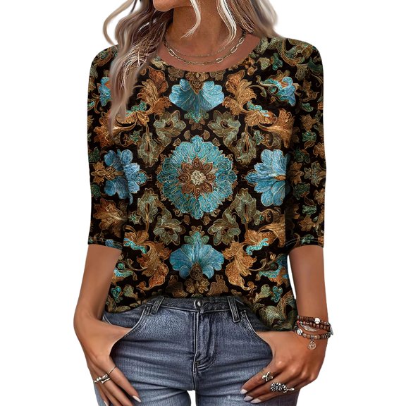 WTOBBY Women's Retro Fashion 3/4 Sleeve Round Neck Printed Top with Floral Designs, Women's Casual Blouse for Retro Look, Comfortable T-Shirt for Daily Outfits,Cyan 3XL