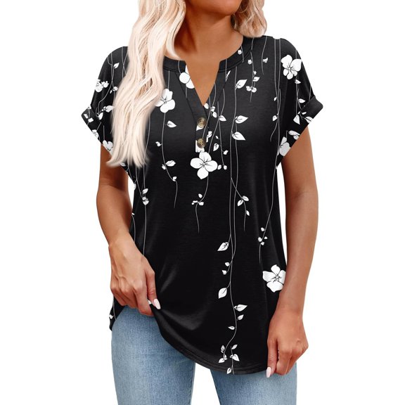 WTOBBY Women's Retro Floral Print Button-Up Short Sleeve V-Neck Pullover Top, Casual Loose Fit Blouse for Spring and Summer Outfits,Black XL