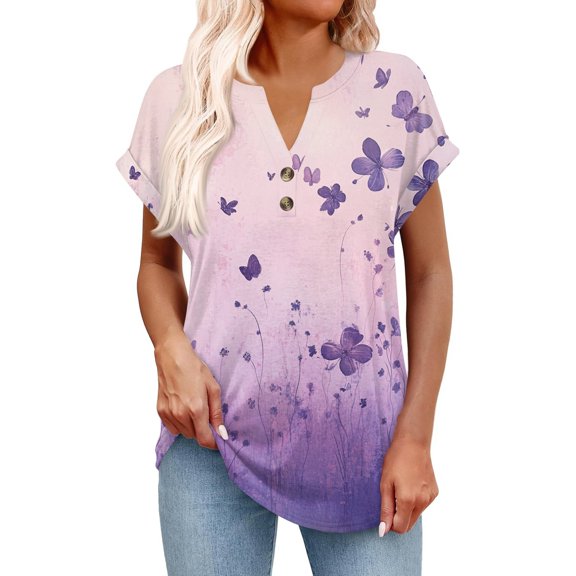 WTOBBY Women's Retro Floral Print Button-Up Short Sleeve V-Neck Pullover Top, Casual Loose Fit Blouse for Spring and Summer Outfits,Light Purple S