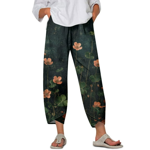 WTOBBY Women's Retro Floral Print Casual Wide Leg Elastic Waist Pants with Pockets, Summer Loose Trousers for Women, Comfortable and Flowy Design,Dark Green S