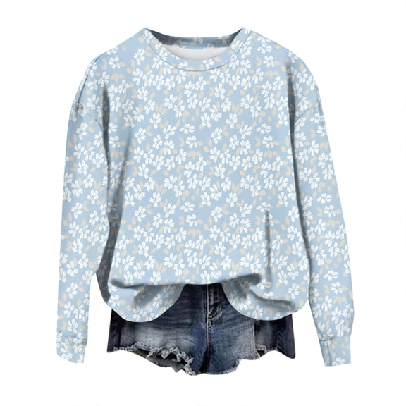 WTOBBY Women's Retro Floral Print Crewneck Sweatshirt Long Sleeve Loose Fit Fleece Pullover Top Fall Casual Fashion for Streetwear and Daily Use,Blue L