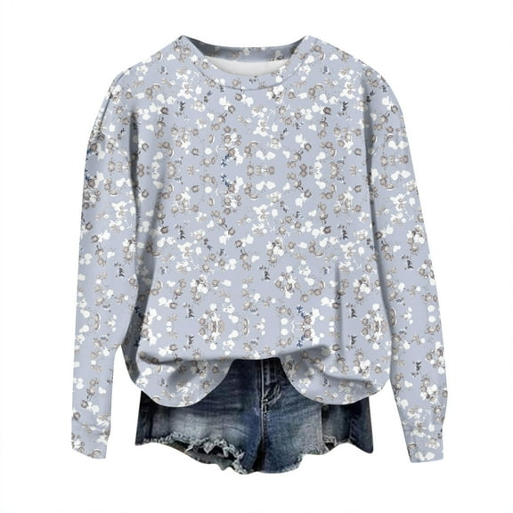 WTOBBY Women's Retro Floral Print Crewneck Sweatshirt Long Sleeve Loose Fit Fleece Pullover Top Fall Casual Fashion for Streetwear and Daily Use,Purple XL