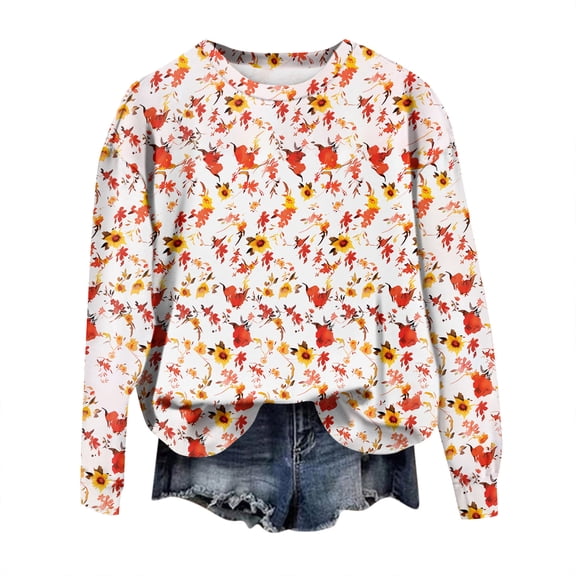 WTOBBY Women's Retro Floral Print Crewneck Sweatshirt Long Sleeve Loose Fit Fleece Pullover Top Fall Casual Fashion for Streetwear and Daily Use,Red L