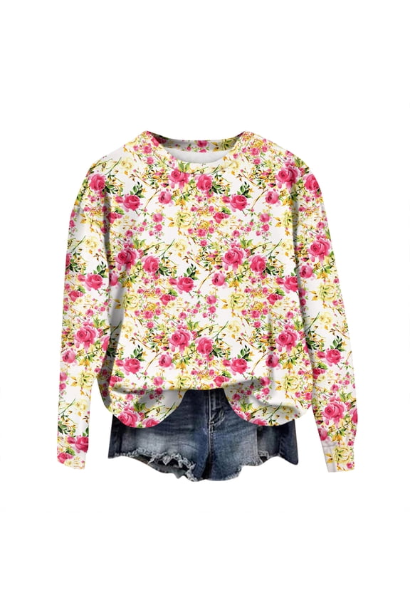 Women's Retro Floral Print Crewneck Sweatshirt Long Sleeve Loose Fit Fleece Pullover Top Fall Casual Fashion for Streetwear and Daily Use,Yellow L