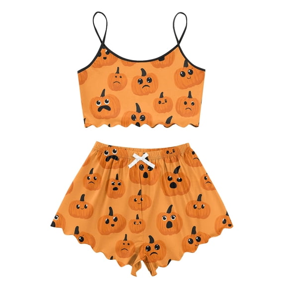 WTOBBY Women's Retro Floral Print Halloween Pajama Set Sleeveless Adjustable Strap Vest & Elastic Waist Shorts Two-Piece Comfy Sleepwear Lounge Home Wear,Saffron S