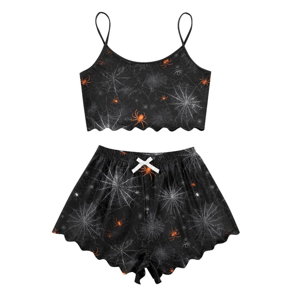 WTOBBY Women's Retro Floral Print Halloween Pajama Set Sleeveless Adjustable Strap Vest & Elastic Waist Shorts Two-Piece Comfy Sleepwear Lounge Home Wear,Black S