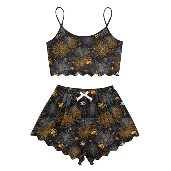 WTOBBY Women's Retro Floral Print Halloween Pajama Set Sleeveless Adjustable Strap Vest & Elastic Waist Shorts Two-Piece Comfy Sleepwear Lounge Home Wear,BR S