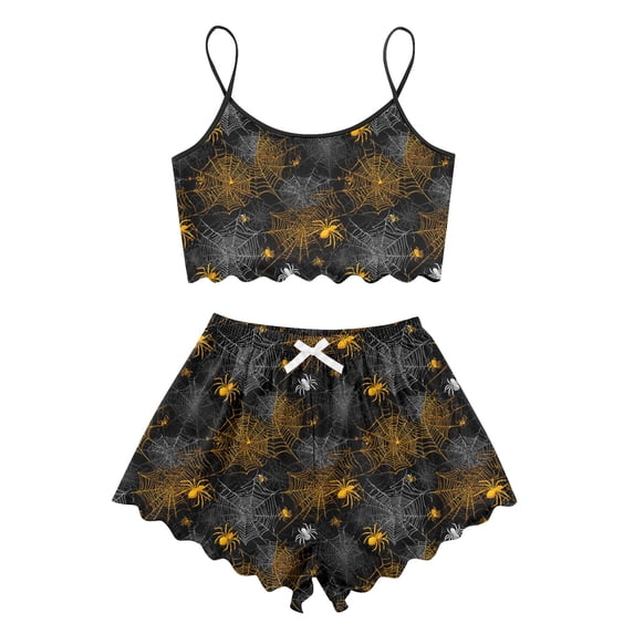 WTOBBY Women's Retro Floral Print Halloween Pajama Set Sleeveless Adjustable Strap Vest & Elastic Waist Shorts Two-Piece Comfy Sleepwear Lounge Home Wear,BR L