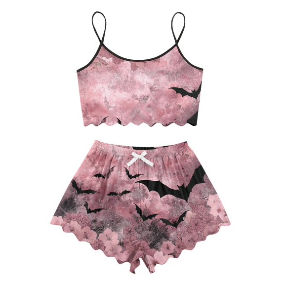 WTOBBY Women's Retro Floral Print Halloween Pajama Set Sleeveless Adjustable Strap Vest & Elastic Waist Shorts Two-Piece Comfy Sleepwear Lounge Home Wear,Pink L