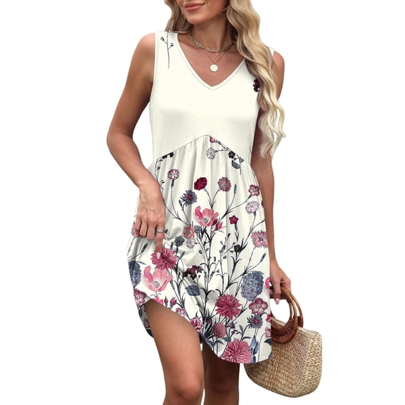 WTOBBY Women's Retro Floral Print Sleeveless V-Neck Casual Summer Dress with Splicing Design Beach Vacation Style for Pool Parties and Resort Events,BeigeS