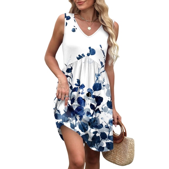 WTOBBY Women's Retro Floral Print Sleeveless V-Neck Casual Summer Dress with Splicing Design Beach Vacation Style for Pool Parties and Resort Events,BlueS