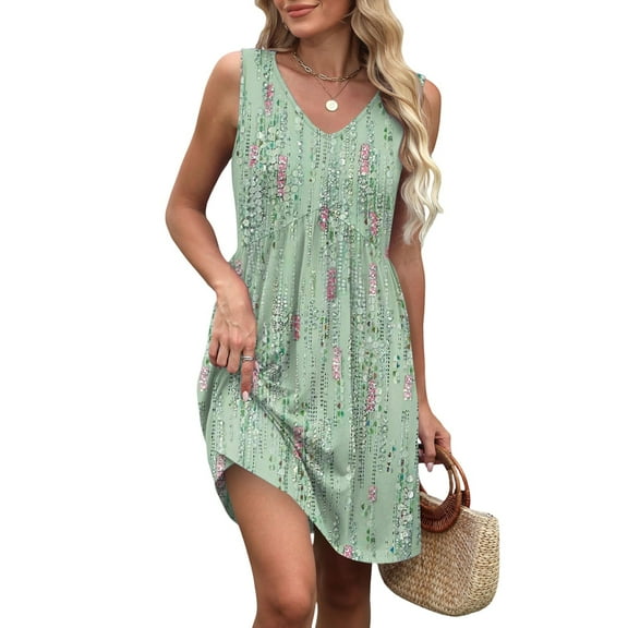 WTOBBY Women's Retro Floral Print Sleeveless V-Neck Casual Summer Dress with Splicing Design Beach Vacation Style for Pool Parties and Resort Events,Light GreenM