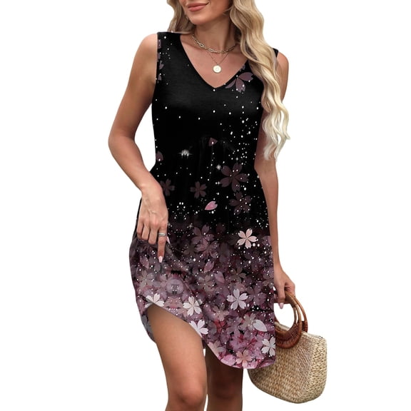 WTOBBY Women's Retro Floral Print Sleeveless V-Neck Casual Summer Dress with Splicing Design Beach Vacation Style for Pool Parties and Resort Events,PinkS