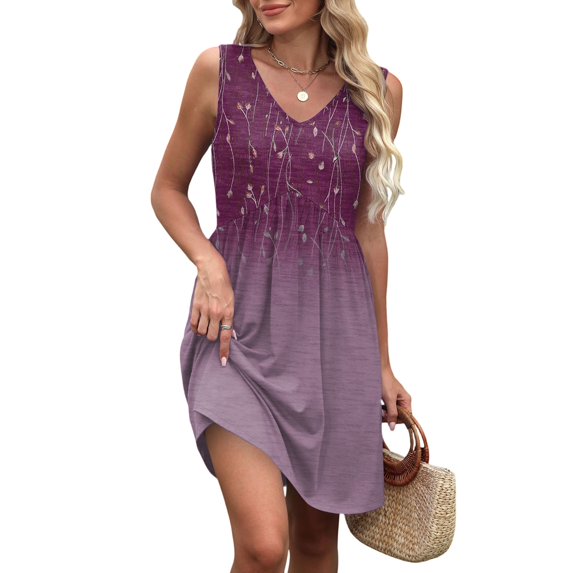 WTOBBY Women's Retro Floral Print Sleeveless V-Neck Casual Summer Dress with Splicing Design Beach Vacation Style for Pool Parties and Resort Events,PurpleL