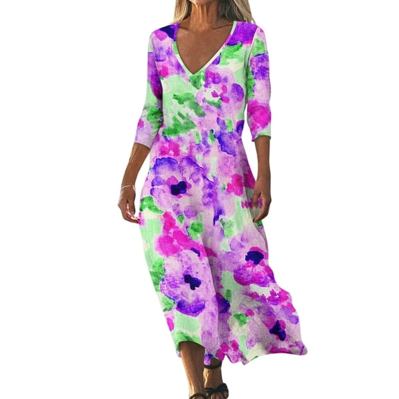 WTOBBY Women's Retro Floral Print V-Neck 3/4 Sleeve Loose Beach Dress, Casual Midi Sundress with Comfortable Fabric for Seaside Strolls,Purple S