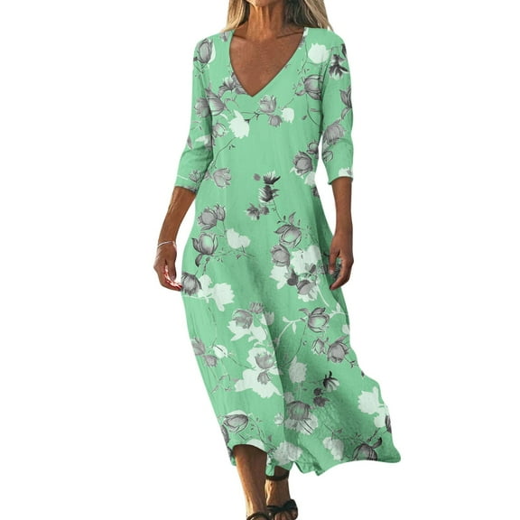 WTOBBY Women's Retro Floral Print V-Neck 3/4 Sleeve Loose Beach Dress, Casual Midi Sundress with Comfortable Fit for Summer Vacation Getaways,Green L