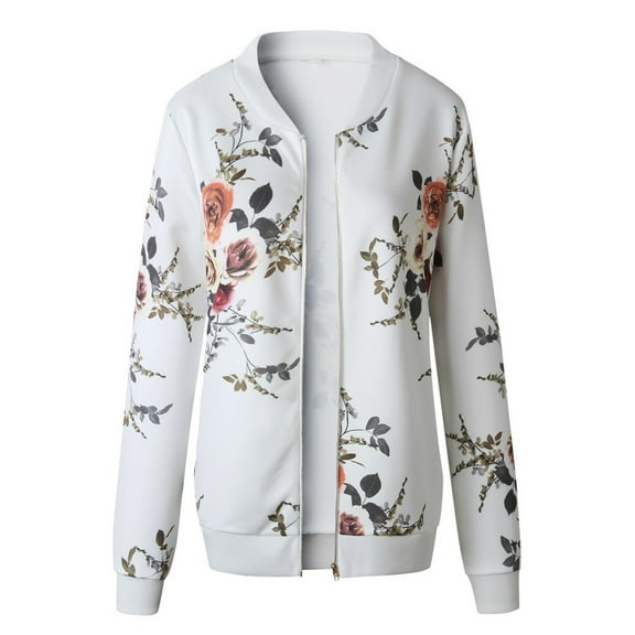 WTOBBY Women's Retro Floral Print Zip-Up Jacket with Round Neck, Long Sleeve Casual Coat Outerwear for Daily Use, Vintage Style Lightweight Top for Fall Fashion,White L