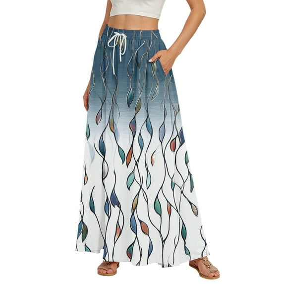 WTOBBY Women's Retro Floral Tie-Dye Print Flowy Flared Maxi Skirt with Ruffle Hem, A-Line Elastic Waist Elegant Tiered Bohemian Long Skirt for Vintage Casual Style,Turquoise L