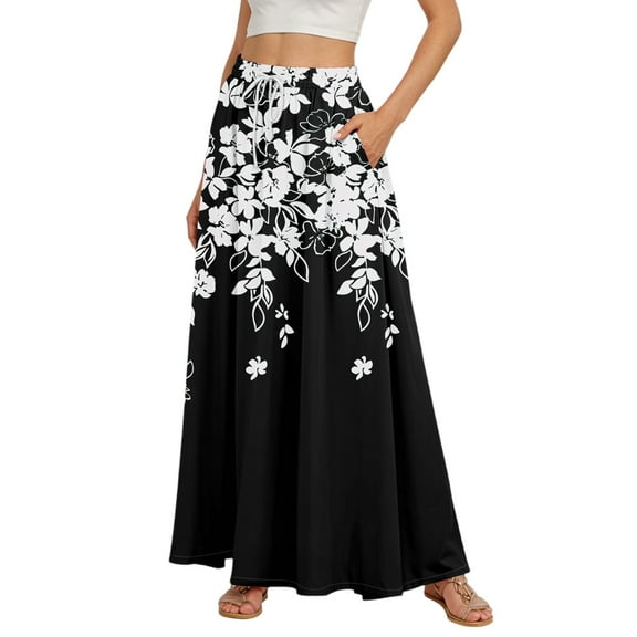 WTOBBY Women's Retro Floral Tie-Dye Print Flowy Flared Maxi Skirt with Ruffle Hem, A-Line Elastic Waist Elegant Tiered Bohemian Long Skirt for Vintage Casual Style,Black L