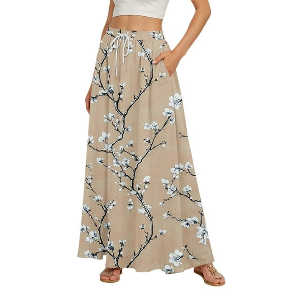 WTOBBY Women's Retro Floral Tie-Dye Print Flowy Flared Maxi Skirt with Ruffle Hem, A-Line Elastic Waist Elegant Tiered Bohemian Long Skirt for Vintage Casual Style,Khaki L