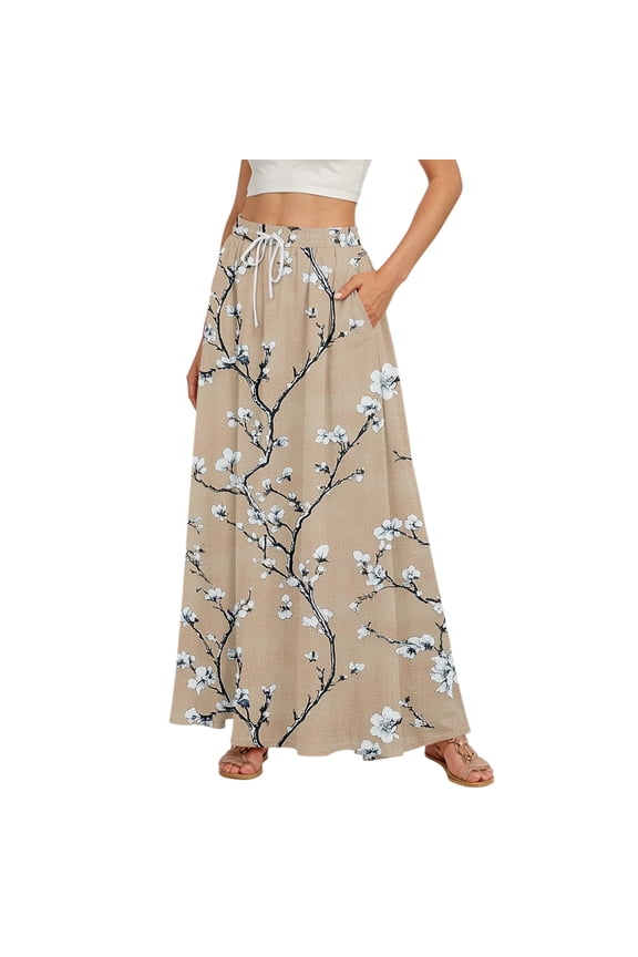 Women's Retro Floral Tie-Dye Print Flowy Flared Maxi Skirt with Ruffle Hem, A-Line Elastic Waist Elegant Tiered Bohemian Long Skirt for Vintage Casual Style,Khaki S