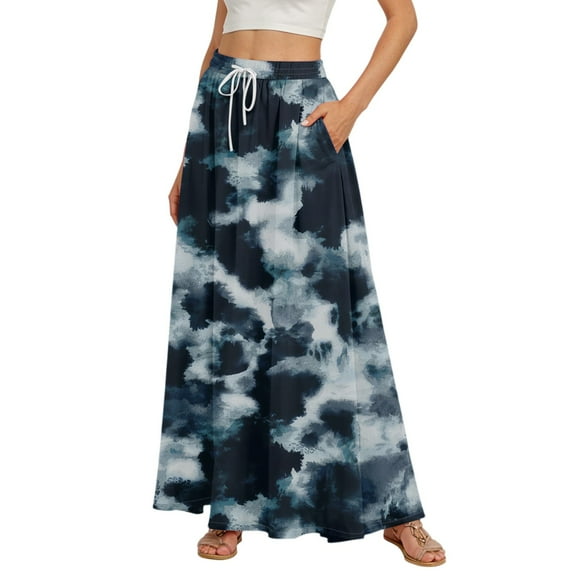 WTOBBY Women's Retro Floral Tie-Dye Print Flowy Flared Maxi Skirt with Ruffle Hem, A-Line Elastic Waist Elegant Tiered Bohemian Long Skirt for Vintage Casual Style,Navy S