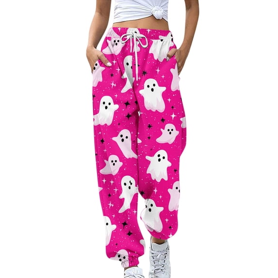 WTOBBY Women's Retro Halloween Print Sweatpants High Waist with Pockets Casual Drawstring Elastic Waist Long Lounge Pants for Jogging and Athletic Wear,Red L