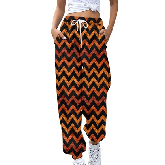 WTOBBY Women's Retro Halloween Print Sweatpants High Waist with Pockets Casual Drawstring Elastic Waist Long Lounge Pants for Jogging and Athletic Wear,Vermilion XL