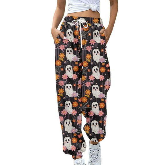WTOBBY Women's Retro Halloween Print Sweatpants High Waist with Pockets Casual Drawstring Elastic Waist Long Lounge Pants for Jogging and Athletic Wear,Watermelon Red S