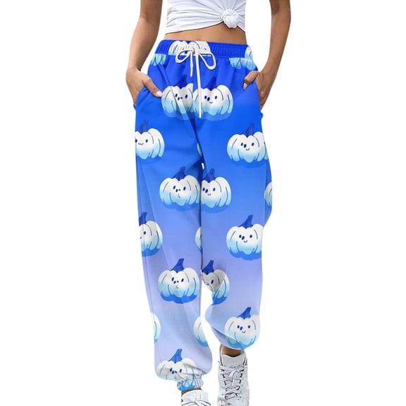 WTOBBY Women's Retro Halloween Print Sweatpants High Waist with Pockets Casual Drawstring Elastic Waist Long Lounge Pants for Jogging and Athletic Wear,White S