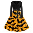 thumbnail image 1 of WTOBBY Women's Retro Halloween Printed Dress Featuring V-Neckline, Slim Casual Design, Long Sleeves, and Comfortable Fit for Party Wear ,Orange 2XL, 1 of 5