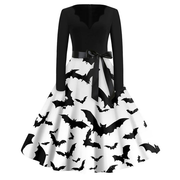 WTOBBY Women's Retro Halloween Printed Dress Featuring V-Neckline, Slim Casual Design, Long Sleeves, and Comfortable Fit for Party Wear ,White 2XL