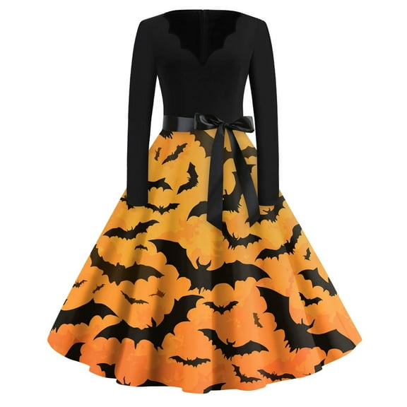 WTOBBY Women's Retro Halloween Printed Dress Featuring V-Neckline, Slim Casual Design, Long Sleeves, and Comfortable Fit for Party Wear ,Yellow M
