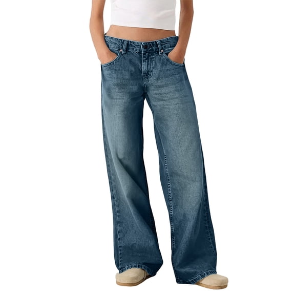 WTOBBY Women's Retro High-Rise Straight Leg Street Wide-Leg Jeans, Classic Denim Pants Casual Comfort Vintage Style for Everyday Wear,Gray XL