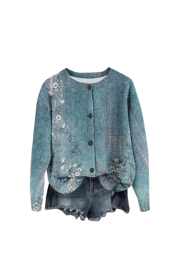 Women's Retro Knit Button Retro Geometric Print Cardigan Jacket, Unique and Fashionable Open Front Sweater for Casual and Retro Style Outfits,Army Green L