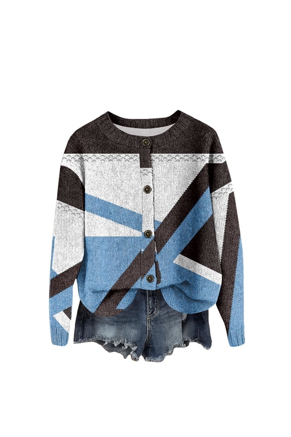 Women's Retro Knit Button Retro Geometric Print Cardigan Jacket, Unique and Fashionable Open Front Sweater for Casual and Retro Style Outfits,Blue S