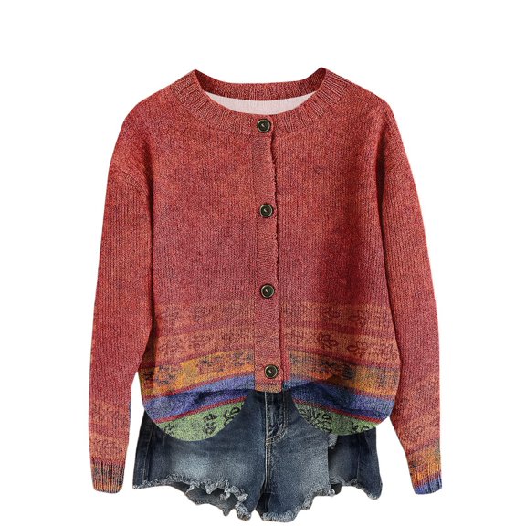 WTOBBY Women's Retro Knit Button Retro Geometric Print Cardigan Jacket, Unique and Fashionable Open Front Sweater for Casual and Retro Style Outfits,Red M